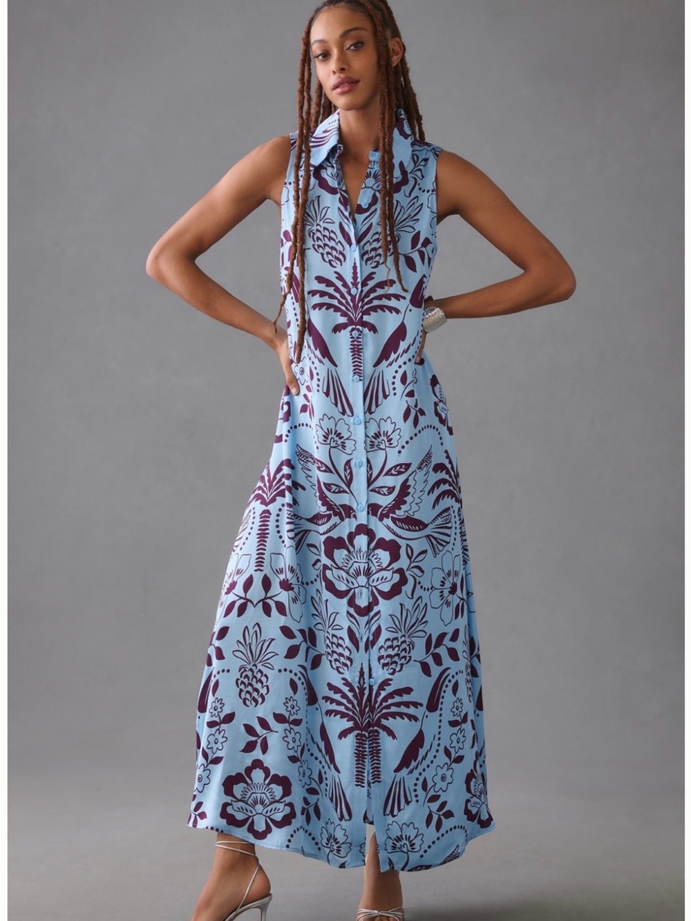 Anthropologie Light Blue Maxi Skirt with Dark Floral Motif